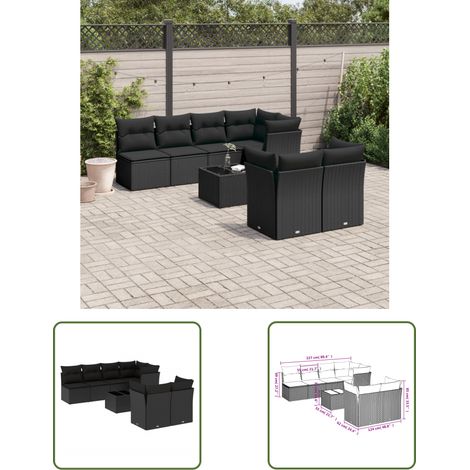 The Living Store Salon de jardin 8 pcs avec coussins noir résine tressée - Salon De Jardin - Mobilier De Jardin - Set Salon - Résine Tressée - Rotin Synthétique (1/3)