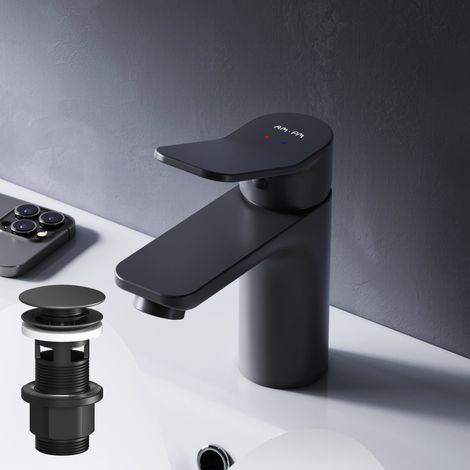 AM.PM Badarmatur mit Pop-Up Ablaufventil für Waschbecken Wasserhahn Bad Schwarz Waschtischarmatur mit Ablaufgarnitur 1 1/4 Zoll Messing Ventil Ablauf (1/5)