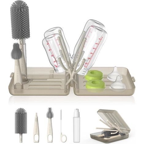 Kit da viaggio per la pulizia dei biberon - 5 pezzi - 3 spazzole, 1 piattino per biberon, 1 scatola portaoggetti (con scolapiatti) - Kit di pulizia portatile con spazzola in silicone - Scolapiatti pie