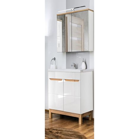 Badmöbel Waschplatz Set mit 60cm Waschtisch & LED-Spiegelschrank SOLNA-56 in Hochglanz weiß, B/H/T ca.: 60/200/46 cm (1/5)