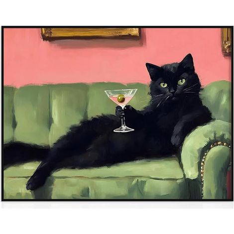 Black Cat Wall Art, Black Cat Art Prints Holding a Martini for Bedroom, Living Room and Bar 12x16 Inch Unframed (1/5)