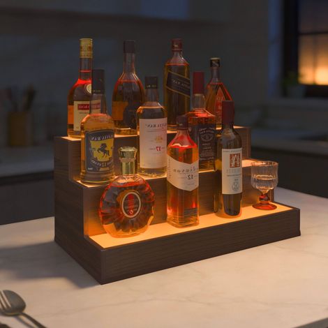 Étagère à bouteilles lumineuse LED de 61 cm pour bar, à monter soi-même, avec application et télécommande. Support à bouteilles autoportant à 3 niveaux, idéal pour un bar à domicile ou une fête. Finit (1/5)
