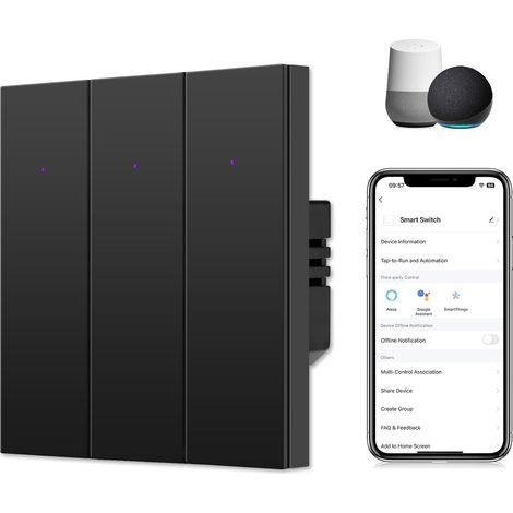 Interrupteur mural intelligent encastré - Noir - Triple interrupteur mural Wi-Fi - Interrupteur WiFi avec LED d'état - Contrôle multiple, minuterie (1/5)