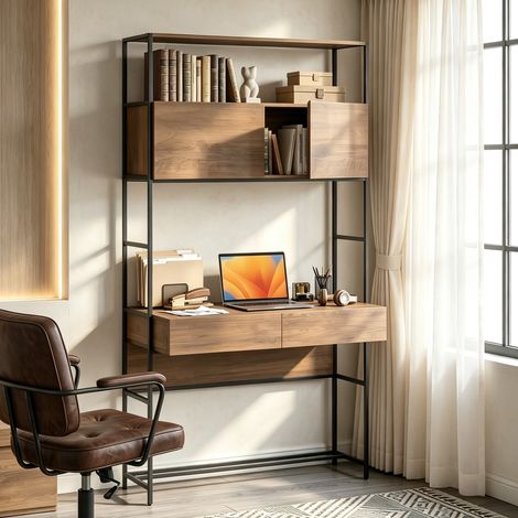 Bureau d'ordinateur 2 tiroirs 100x45x185 cm, 2 portes étagères ouvertes marron. Rangement spacieux et design classique pour un bureau chaleureux. (1/5)