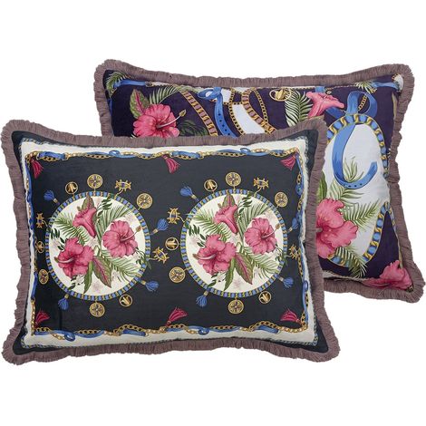 Coussin en velours garni de plumes et de franges 60x13x45 cm