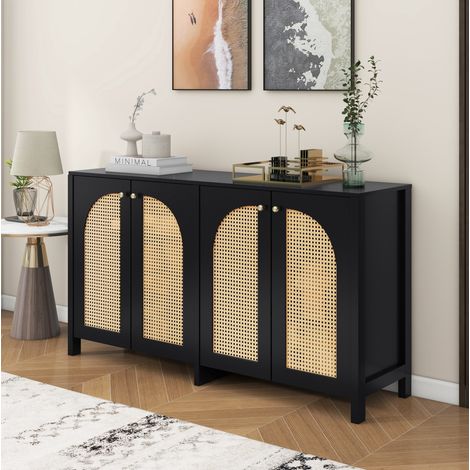 Buffet noir en MDF avec 4 portes en rotin synthétique, poignées métalliques et étagères réglables (1/5)