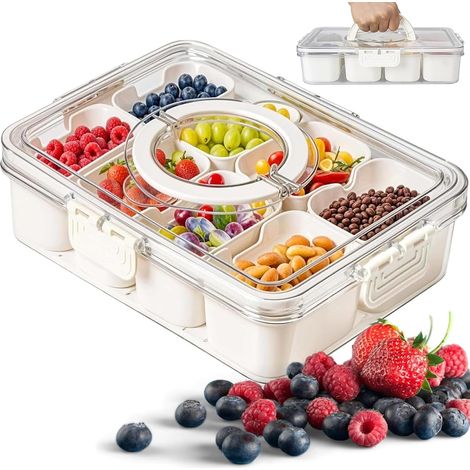 Bandeja para aperitivos de 8 compartimentos, con tapa y asa, ideal para picnics y reuniones familiares. Perfecta para guardar dulces, galletas, fruta, frutos secos y otros aperitivos. Color blanco. (1/5)