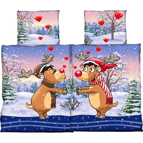 Einzelne Zwei Personen Fleece-Bettwäsche 135x200 cm mit Rentiermotiv Weihnachtsbettwäsche (1/4)