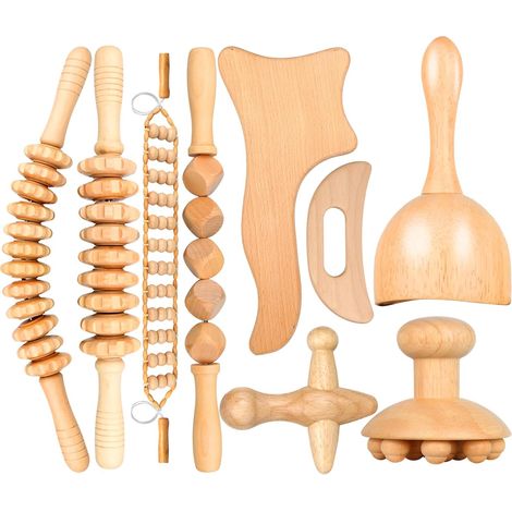 Kit Massage Bois 9 en 1 - Outil Drainage Lymphatique Anti-Cellulite - Rouleau Courbé Naturel pour Jambes et Corps (1/5)