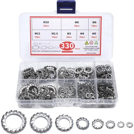 330 Pièces Rondelle de Serrage avec Dents Extérieures Rondelles en Acier Inoxydable Outil De Fixation de Blocage Assortiment Kit M2.5 M3 M4 M5 M6 M8 M10 M12