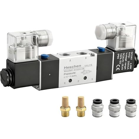 Électrovanne pneumatique à solénoïde électrique 4V220-08 24VDC PT1/4 5 voies 2 positions double bobine CE électrique piloté avec raccords et silencieux