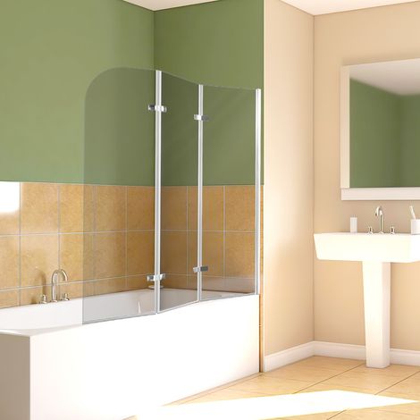 Randaco Duschwand Badewanne 120 x 140 cm, 3-teilig faltbare Badewannenfaltwand, Badewannenaufsatz aus 6 mm ESG Sicherheitsglas, 180° schwenkbar, Silber Transparent (1/5)