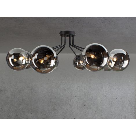 LED Deckenleuchte 8-flammig Schwarz Glaskugeln Rauchglas, Breite 88cm