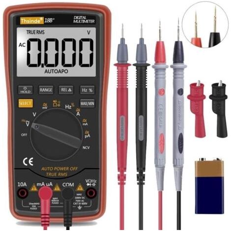 Multimètre numérique à plage automatique TRMS 6000 avec pinces crocodiles de batterie, fils de test, tension/compte AC/DC, alerte de tension, multi-testeur/diode Amp/Ohm/Volt