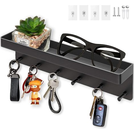 Porte Clef Mural à 6 crochets, 2 Façons Installer Porte Clé Mural et Porte-Courrier Décoratifs, Accroche Clé Mural pour Entrée, Couloir, Bureau. Noir (1/5)