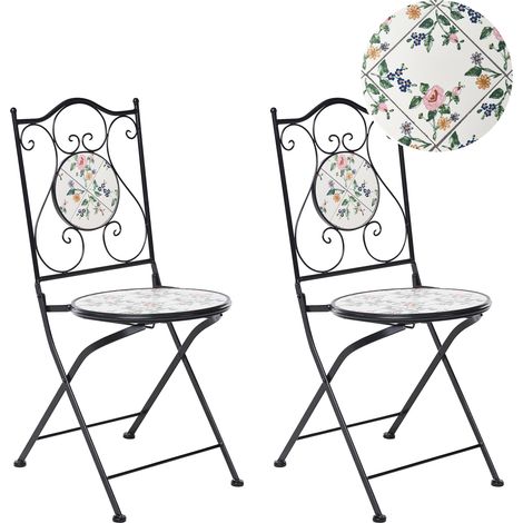 Conjunto 2 sillas de jardín de metal estilo hierro forjado plegables con azulejos de mosaico cerámico negro Collio