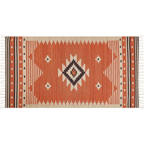 Alfombra kilim de algodón naranja beige marrón 80 x 150 cm geométrico borlas Gavar