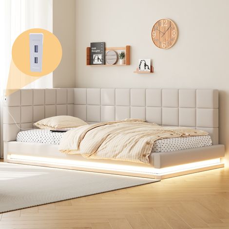 Sofá cama tapizado (206x97x63 cm), con tiras LED de color variable, puerto USB, somier, lino beige (1/5)