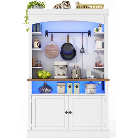 Buffet haut de cuisine Blanc,meuble moderne avec LED,plan de travail,prise avec USB,portes vitrées,106x43x183cm (1/5)