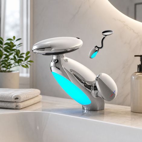 Robinet lavabo extensible avec éclairage LED, 4 jets cascade et pluie, mitigeur chromé pivotant 360°, zinc (1/5)