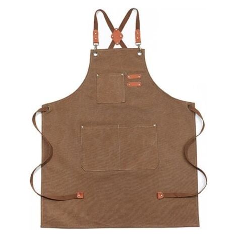 LaBlanc – 1 pezzo grembiule impermeabile in denim marrone, grembiule regolabile in denim con tasche e pettorine incrociate (1/4)