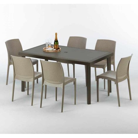 Tavolo Rettangolare Marrone 150x90 cm con 6 Sedie Colorate Focus
