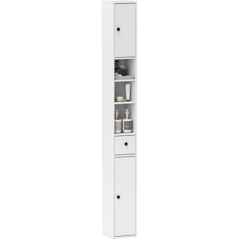 Colonna Bagno Salvaspazio 20x20x178 cm con Armadietti Ripiani Aperti e Cassetto in Legno Bianco (1/5)