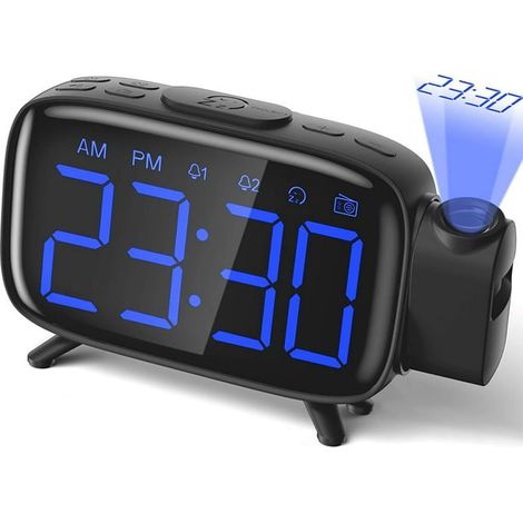 Réveil à projection avec double horloge à projection bleue et répétition, réglage de la luminosité, 7 sons, adaptateur USB pour la maison et la chambre