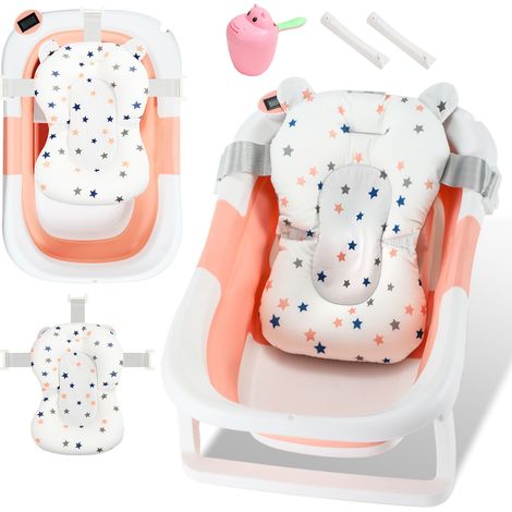 Randaco Vaschetta da bagno pieghevole con termometro e cuscino da bagno - Vaschetta da bagno pieghevole 60,5 cm - Rosa
