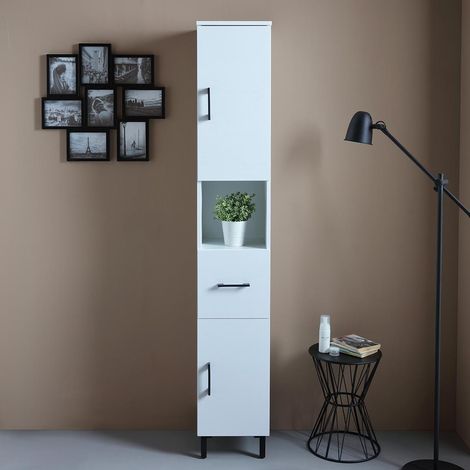 Badezimmerschrank Hoch, Weiß Export, Reversibel Mit Türen, Schublade Und Offenem Fach Rimini (1/5)