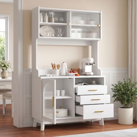 Buffet/Meuble de salle à manger haut, 100,5 x 40 x 178 cm, rangements à plusieurs niveaux, prise électrique intégrée et ports USB-C/USB-A, blanc. (1/5)