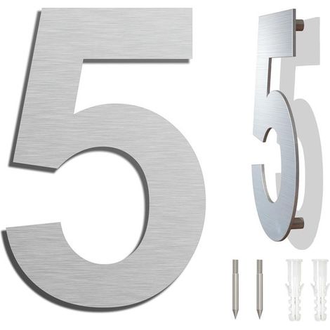 Hausnummer aus Edelstahl，25,4 cm，Nummer 5，Schwebende Hausnummer，Hausnummer aus Metall，Hausnummer für den Außenbereich，3D-Hausnummer，Silber (1/5)