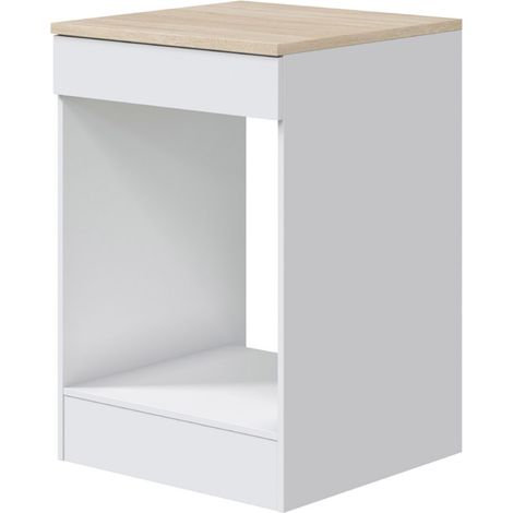 Pegane – Meuble bas de cuisine avec plan de travail pour four – Mélamine blanc brillant et chêne canadien – Dimensions 90 x 60 x 60 cm – Patins réglables