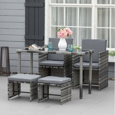 Muebles de jardín de poliratán 4 plazas gris con cojines, estructura de metal, mesa con cristal templado (1/5)