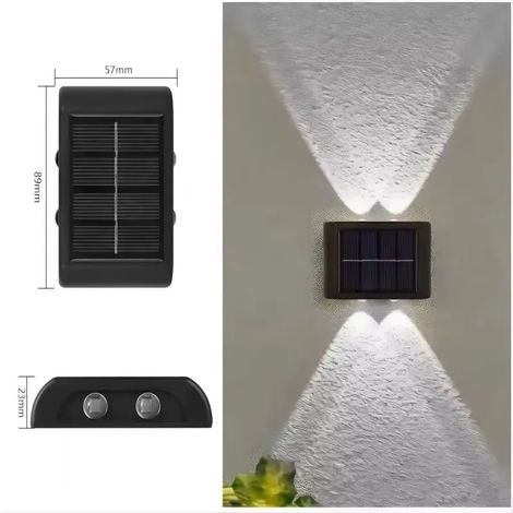 (12PCS-4LED-WHITE) Applique solaire murale extérieure étanche à 4 LED, éclairage vertical vers le haut et vers le bas, compatible avec les jardins d'agrément, les cours et les espaces verts. (1/5)