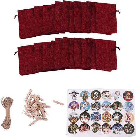 24 Pièces Sac De Noël à Cordon, Sac Cadeau Numéro Porte-Bonheur Sac De Noël Pochette De Calendrier De L'avent De Noël pour Fête d'anniversaire De Noël Décoration Murale de la Maison(Bordeaux) (1/5)