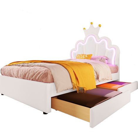 Kinderbett 90 x 200 cm, PU, 2 Schubladen, Verstellbares Kopfteil und LED mit 16 Farben, ohne Matratze, Weiß (1/5)