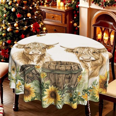 Nappe ronde 1 pièce à motif vache des Highlands et tournesols, nappe de salle à manger sur le thème du solstice d'été, nappe résistante et facile à nettoyer pour les repas de tous les jours. (1/4)