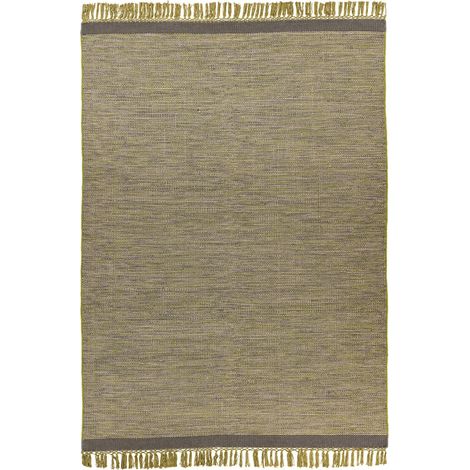 Tapis frangé en laine gris vert tissé main intérieur - gris vert chiné naturel (1/4)