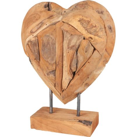 BURI Teak Herz Skulptur auf Ständer massiv - 30 cm Tisch Deko Figur Holz Fensterbankaufsteller Dekoaufsteller (1/5)