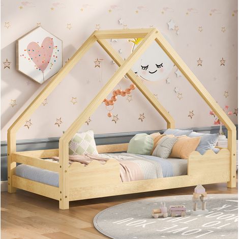 Cama casita infantil 90x200 cm de madera natural con barrera, sin colchón FloraGrace (1/5)