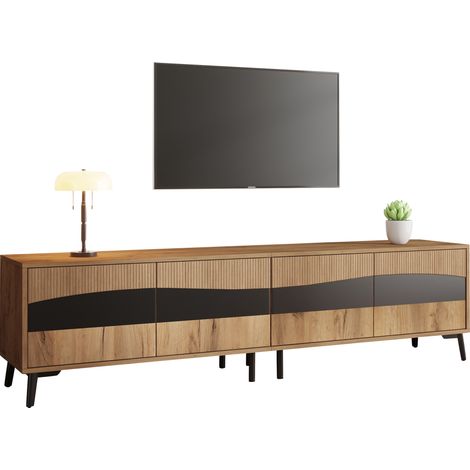 Meuble TV 1804050cm, couleur bois + joint noir, meuble TV 4 portes, meuble de salon 8 pieds, capacité de charge recommandée 30kg, design symétrique, meuble bas