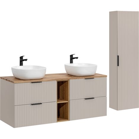 Doppelwaschtisch und Hängesäule 140cm Adriel mit 4 Schubladen, Beige
