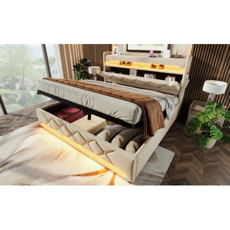 Canapé abatible 140x190 cm de lino beige con LED y USB, ahorra espacio, sin colchón – MEUBLIV (1/5)
