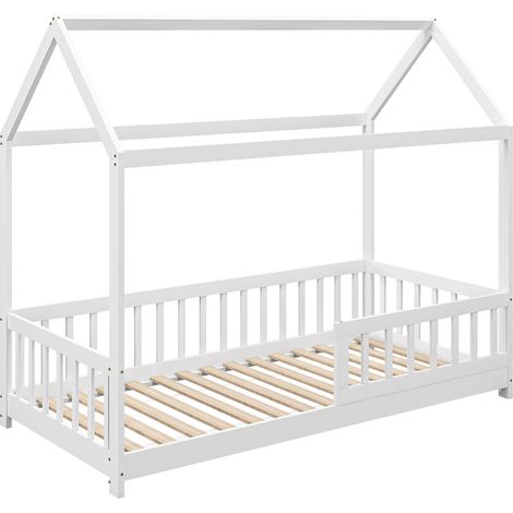 Structure de lit pour enfants en forme de maison avec lattes et barriere bois de pin 96x195x165 cm blanc