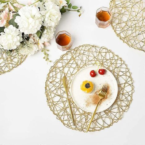 Sets de table ronds dorés pour table à manger, lot de 6, antidérapants, tissés et résistants à la chaleur. (1/4)