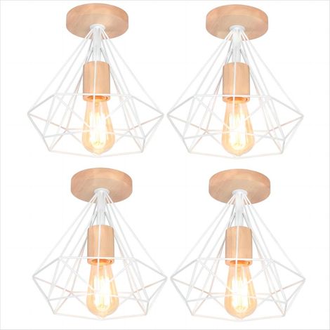 4 Pack Diamond Shape Ceiling Light Industrial E27 25cm Lampe Ceiling Light in Wood Metal for Corridor Stairs Entrance Bedroom White (1/5)