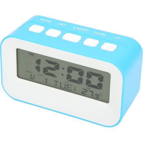 Réveil enfant LCD bleu avec veilleuse, alarmes musicales, rappel d'anniversaire, horloge électronique pour chambre et école. (1/5)