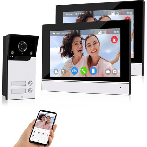 WiFi Vidéo Sonnette Interphone Système 1080P HD Caméra Infrarouge Vision Nocturne avec Moniteur 7 Pouces pour 2 Maisons/Appartements, Audio Bidirectionnel, Déverrouillage APP (1/5)