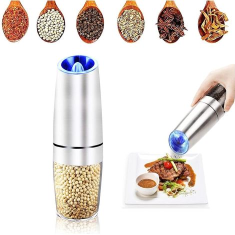 Gravity Moulin à poivre et sel électrique à piles avec lumière bleue et grossissement réglable Fonctionnement à une main Brosse de nettoyage Argenté (1/5)